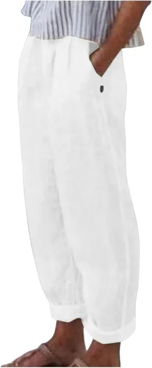 FZYLQY Cotton Linen Pants for Women Casual Elastic Waist Cropped Harem Style Trousers with Pockets 2025 Edition Look