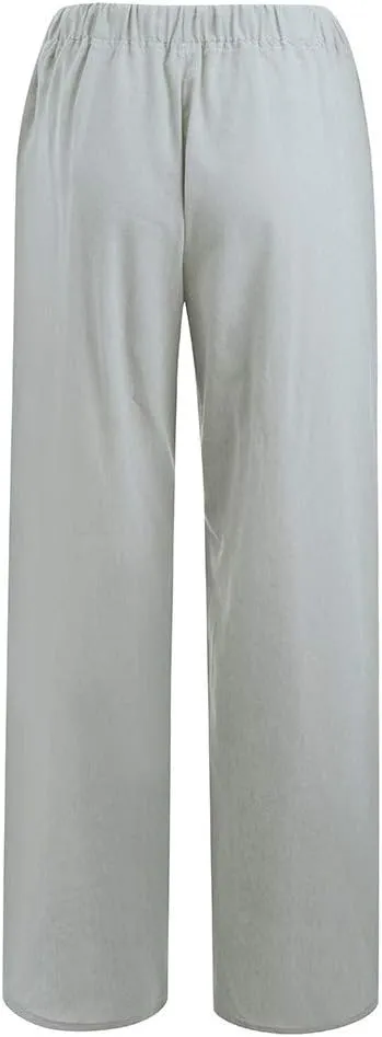 FZYLQY Drawstring Linen Trousers for Women Cotton Blend Straight Leg Pants Loose Fit Casual Wide Leg Slacks with Pockets
