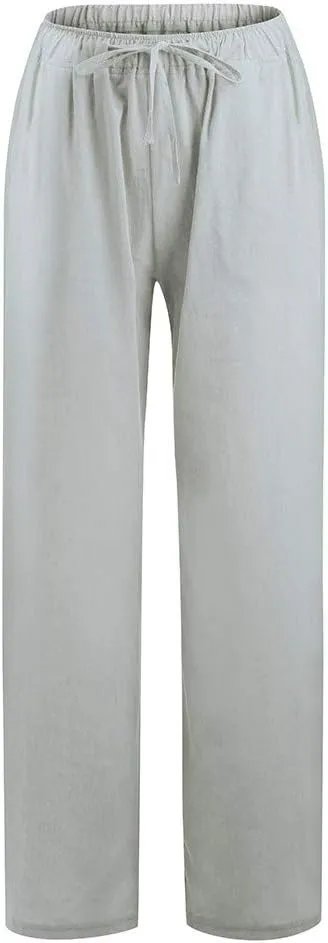FZYLQY Drawstring Linen Trousers for Women Cotton Blend Straight Leg Pants Loose Fit Casual Wide Leg Slacks with Pockets