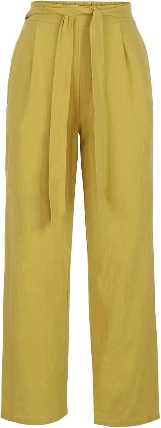 FZYLQY High Waist Linen Pants for Women with Belt Wide Leg Cotton Linen Slacks Loose Fit Summer Trousers with Pockets