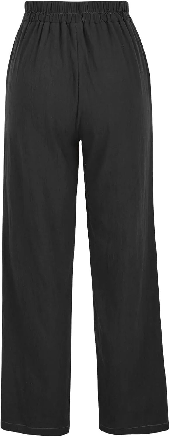FZYLQY High Waist Linen Pants for Women with Belt Wide Leg Cotton Linen Slacks Loose Fit Summer Trousers with Pockets