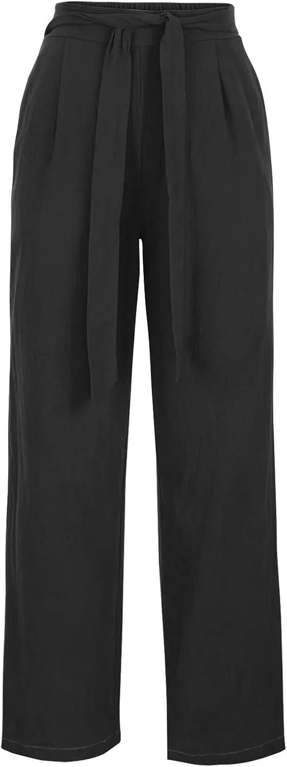 FZYLQY High Waist Linen Pants for Women with Belt Wide Leg Cotton Linen Slacks Loose Fit Summer Trousers with Pockets