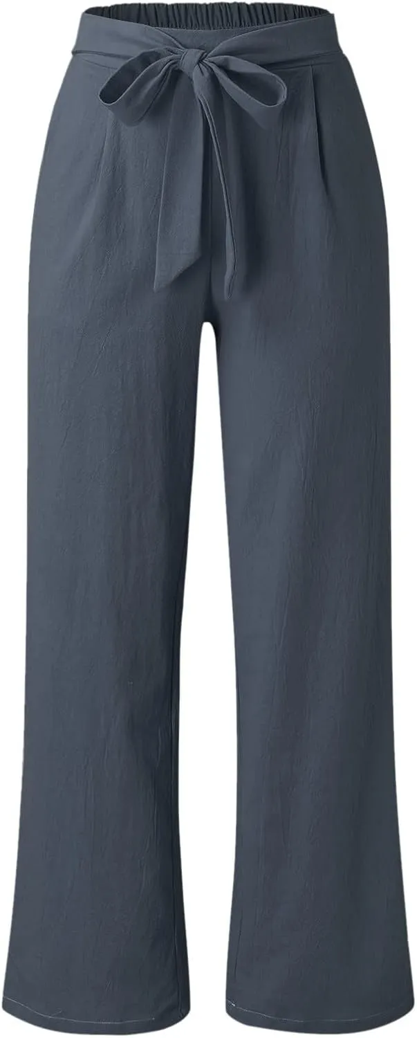 FZYLQY High Waist Linen Pants for Women with Belt Wide Leg Cotton Linen Slacks Loose Fit Summer Trousers with Pockets
