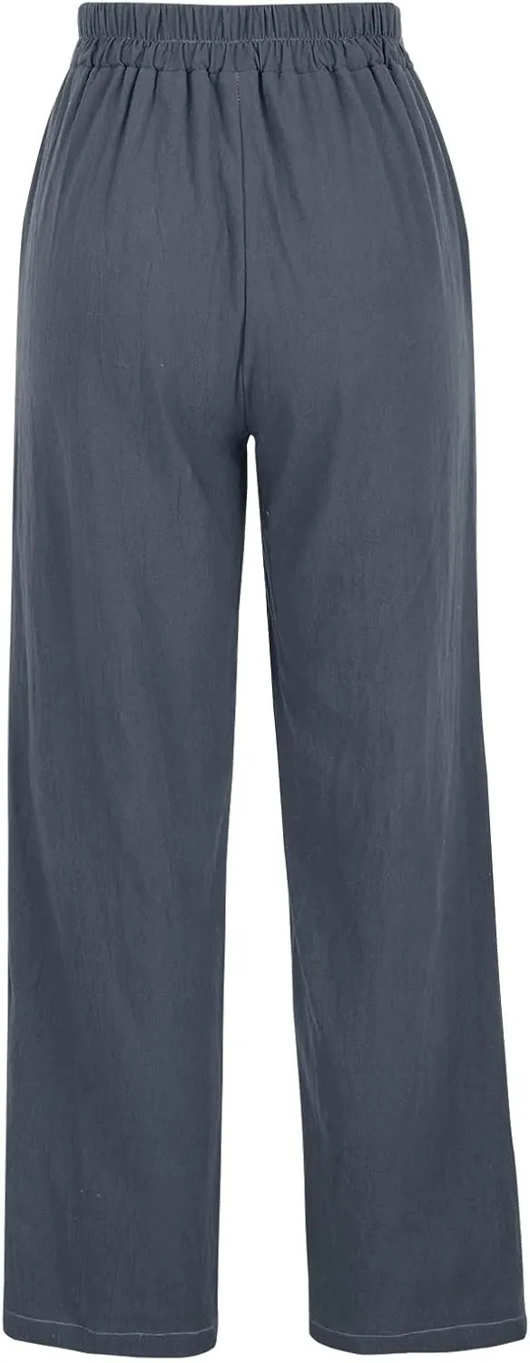 FZYLQY High Waist Linen Pants for Women with Belt Wide Leg Cotton Linen Slacks Loose Fit Summer Trousers with Pockets
