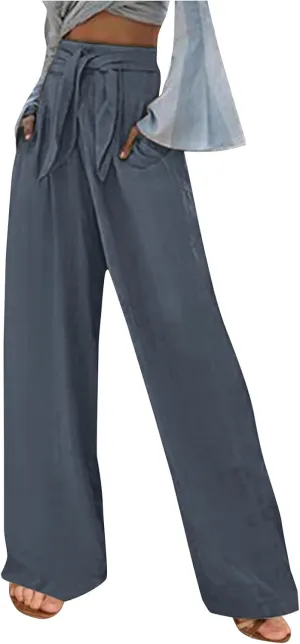 FZYLQY High Waist Linen Pants for Women with Belt Wide Leg Cotton Linen Slacks Loose Fit Summer Trousers with Pockets
