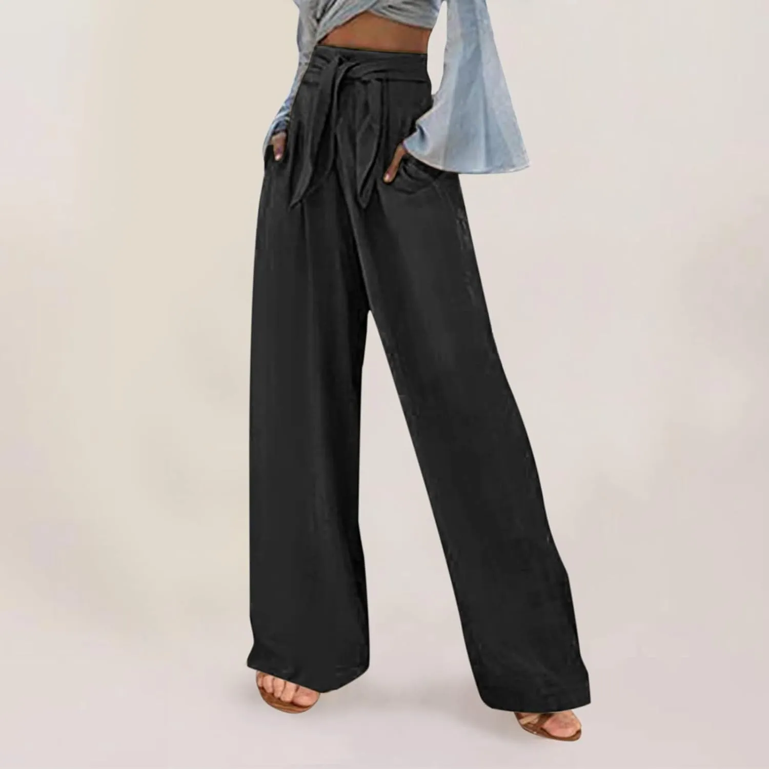 FZYLQY High Waist Linen Pants for Women with Belt Wide Leg Cotton Linen Slacks Loose Fit Summer Trousers with Pockets