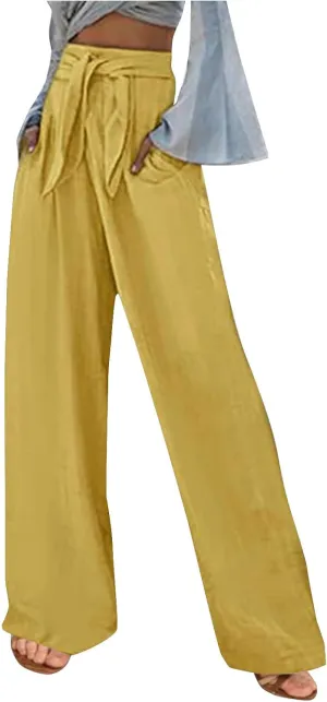 FZYLQY High Waist Linen Pants for Women with Belt Wide Leg Cotton Linen Slacks Loose Fit Summer Trousers with Pockets