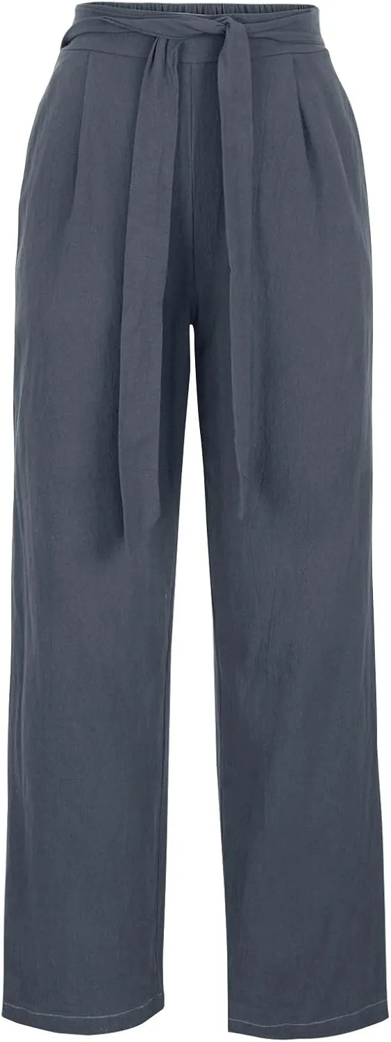 FZYLQY High Waist Linen Pants for Women with Belt Wide Leg Cotton Linen Slacks Loose Fit Summer Trousers with Pockets