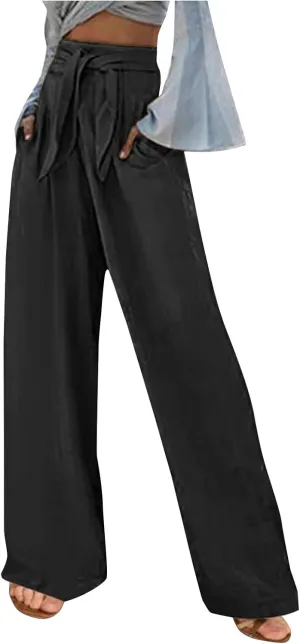 FZYLQY High Waist Linen Pants for Women with Belt Wide Leg Cotton Linen Slacks Loose Fit Summer Trousers with Pockets