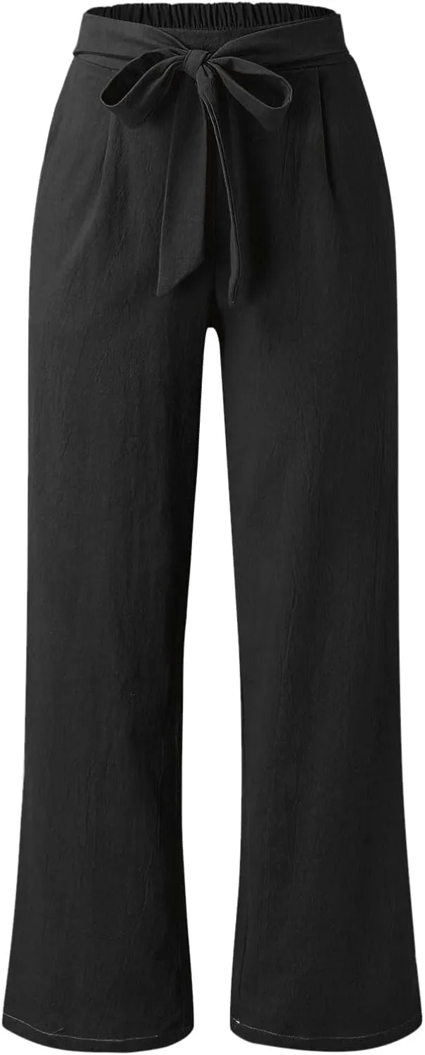 FZYLQY High Waist Linen Pants for Women with Belt Wide Leg Cotton Linen Slacks Loose Fit Summer Trousers with Pockets