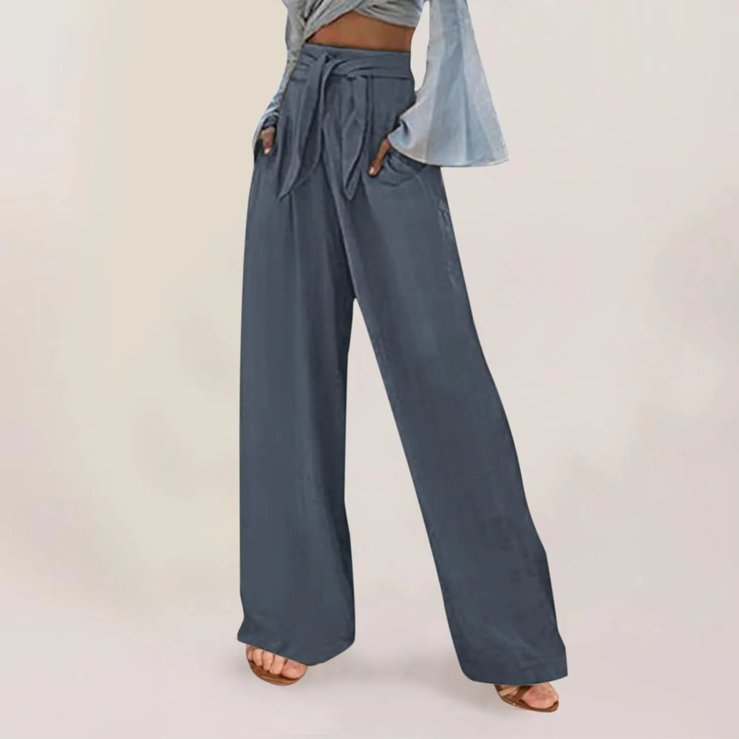 FZYLQY High Waist Linen Pants for Women with Belt Wide Leg Cotton Linen Slacks Loose Fit Summer Trousers with Pockets