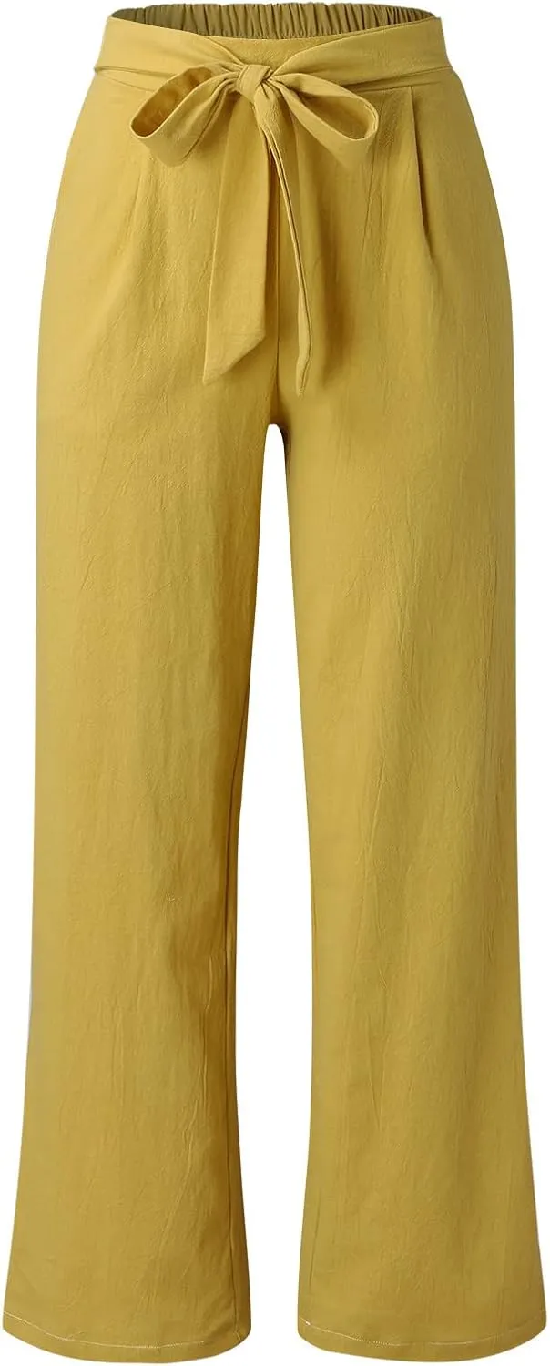 FZYLQY High Waist Linen Pants for Women with Belt Wide Leg Cotton Linen Slacks Loose Fit Summer Trousers with Pockets