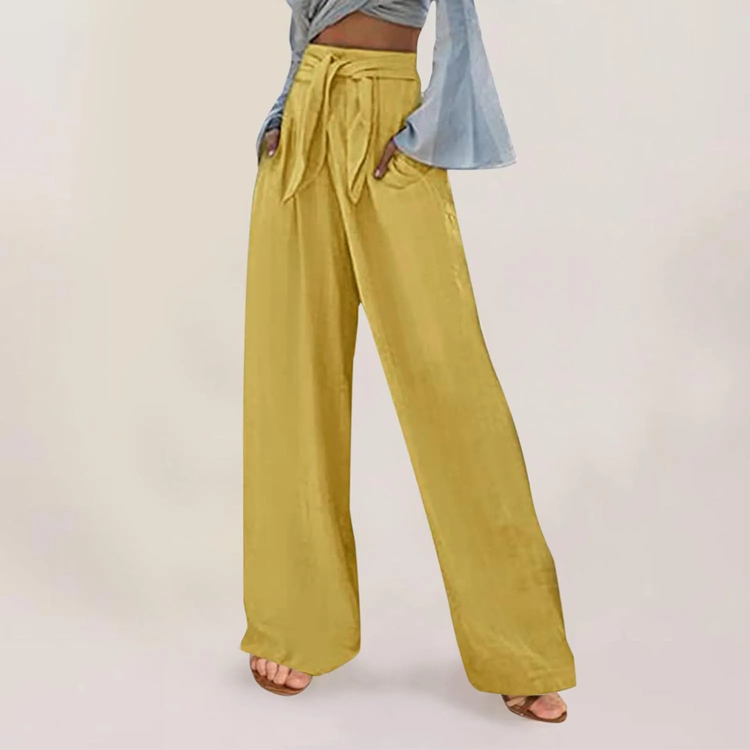 FZYLQY High Waist Linen Pants for Women with Belt Wide Leg Cotton Linen Slacks Loose Fit Summer Trousers with Pockets