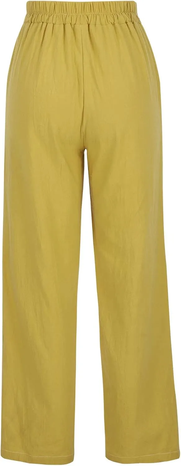 FZYLQY High Waist Linen Pants for Women with Belt Wide Leg Cotton Linen Slacks Loose Fit Summer Trousers with Pockets