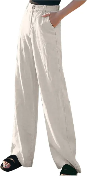 FZYLQY High Waist Wide Leg Trousers for Women Cotton Linen Dress Pants with Pockets Button Zip Slacks Office Style
