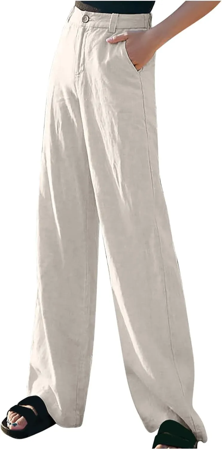 FZYLQY High Waist Wide Leg Trousers for Women Cotton Linen Dress Pants with Pockets Button Zip Slacks Office Style