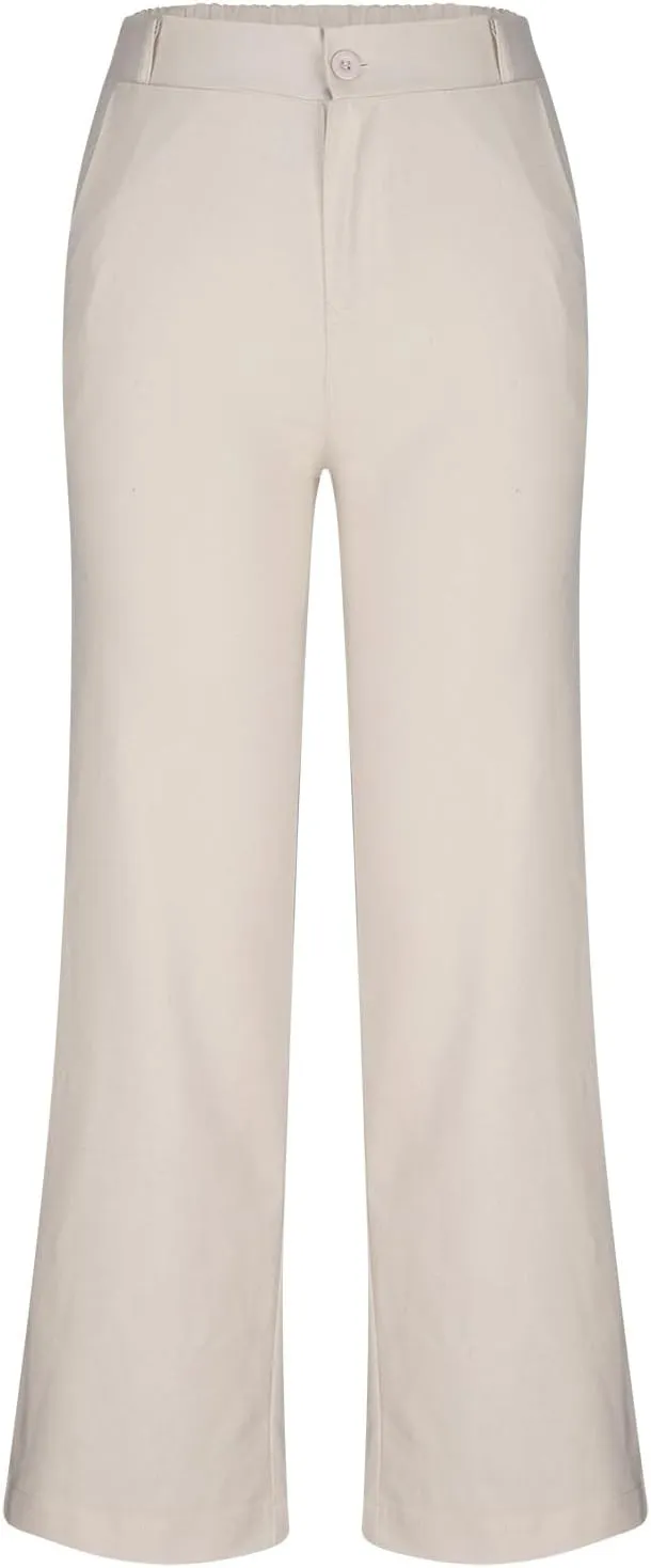 FZYLQY High Waist Wide Leg Trousers for Women Cotton Linen Dress Pants with Pockets Button Zip Slacks Office Style