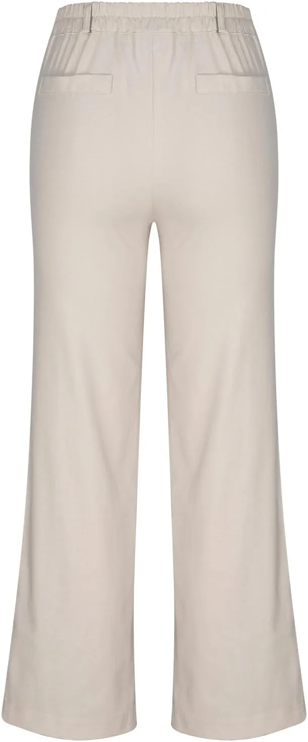 FZYLQY High Waist Wide Leg Trousers for Women Cotton Linen Dress Pants with Pockets Button Zip Slacks Office Style