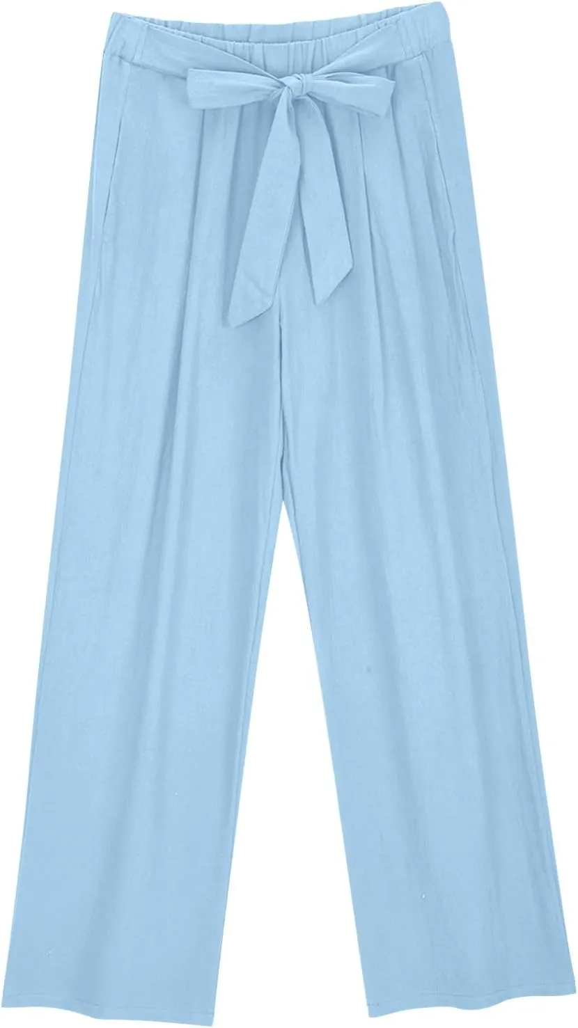 FZYLQY Womens High-Waisted Linen Trousers with Bow Tie Elastic Waist Casual Wide-Leg Pants for Spring and Summer 2025