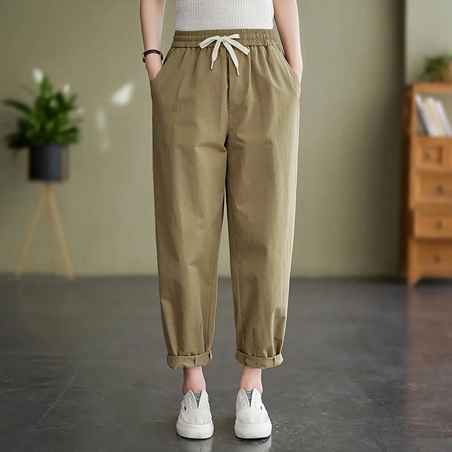 FZYLQY Womens Linen Jogger Pants Drawstring Elastic Waist Trousers Casual Loose Fit Slacks with Pockets for Summer