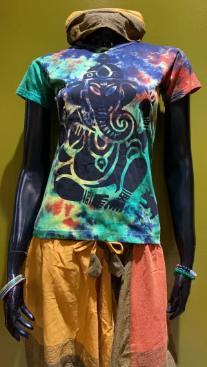 Ganesh Painted Cotton Babydoll Tee Shirt - Tie Dye