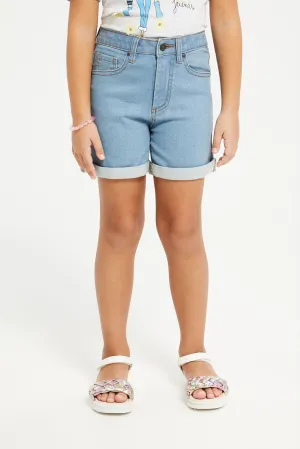 Girls Blue Plain Denim Shorts