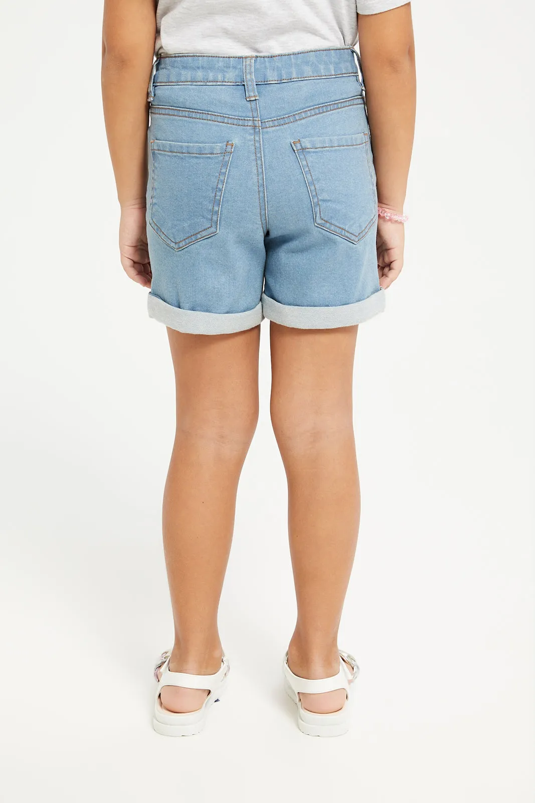 Girls Blue Plain Denim Shorts