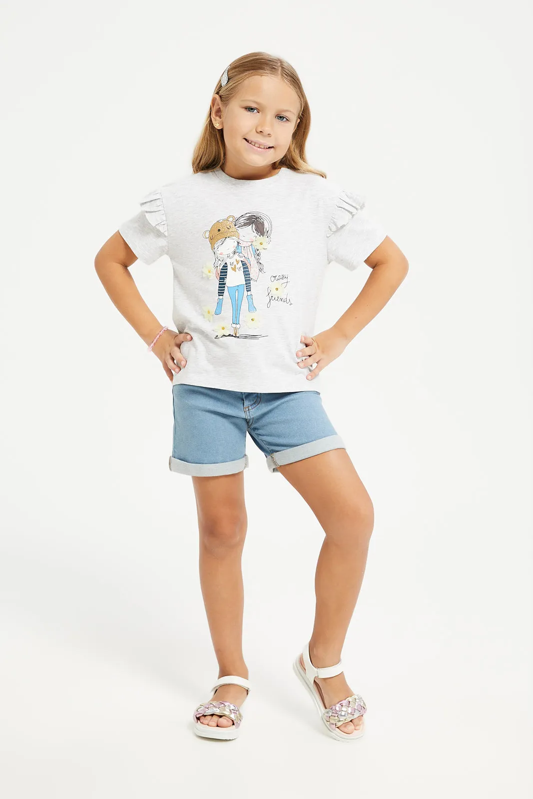 Girls Blue Plain Denim Shorts