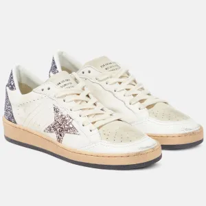 GOLDEN GOOSE BALL STAR IN WHITE LEATHER WITH GREY GLITTER STAR & PURPLE GLITTER HEEL