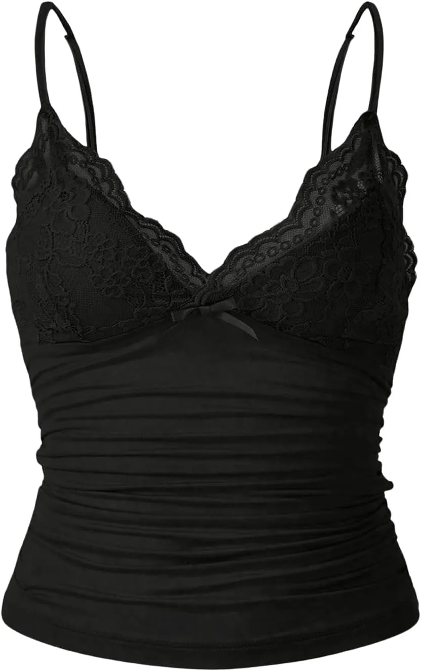 GORGLITTER Women's Plus Lace Camisole Tops Trendy Bow V Neck Open Back Sleeveless Strappy Cami Going Out Tops 2025