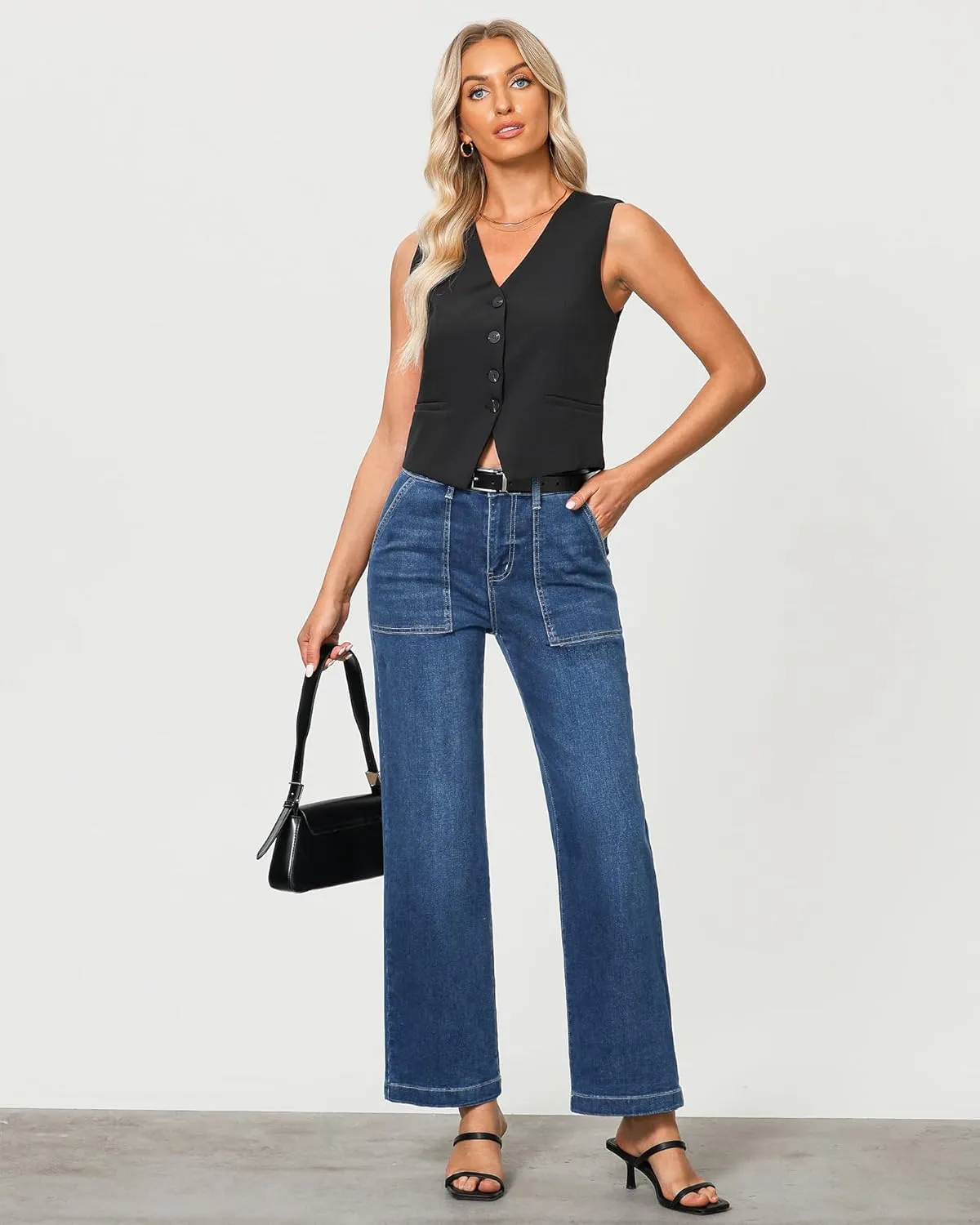 GRAPENT Jeans for Women High Waisted Straight Leg Jeans Stretchy Trendy Wide Leg Denim Pants Jean Trousers Patch Pockets