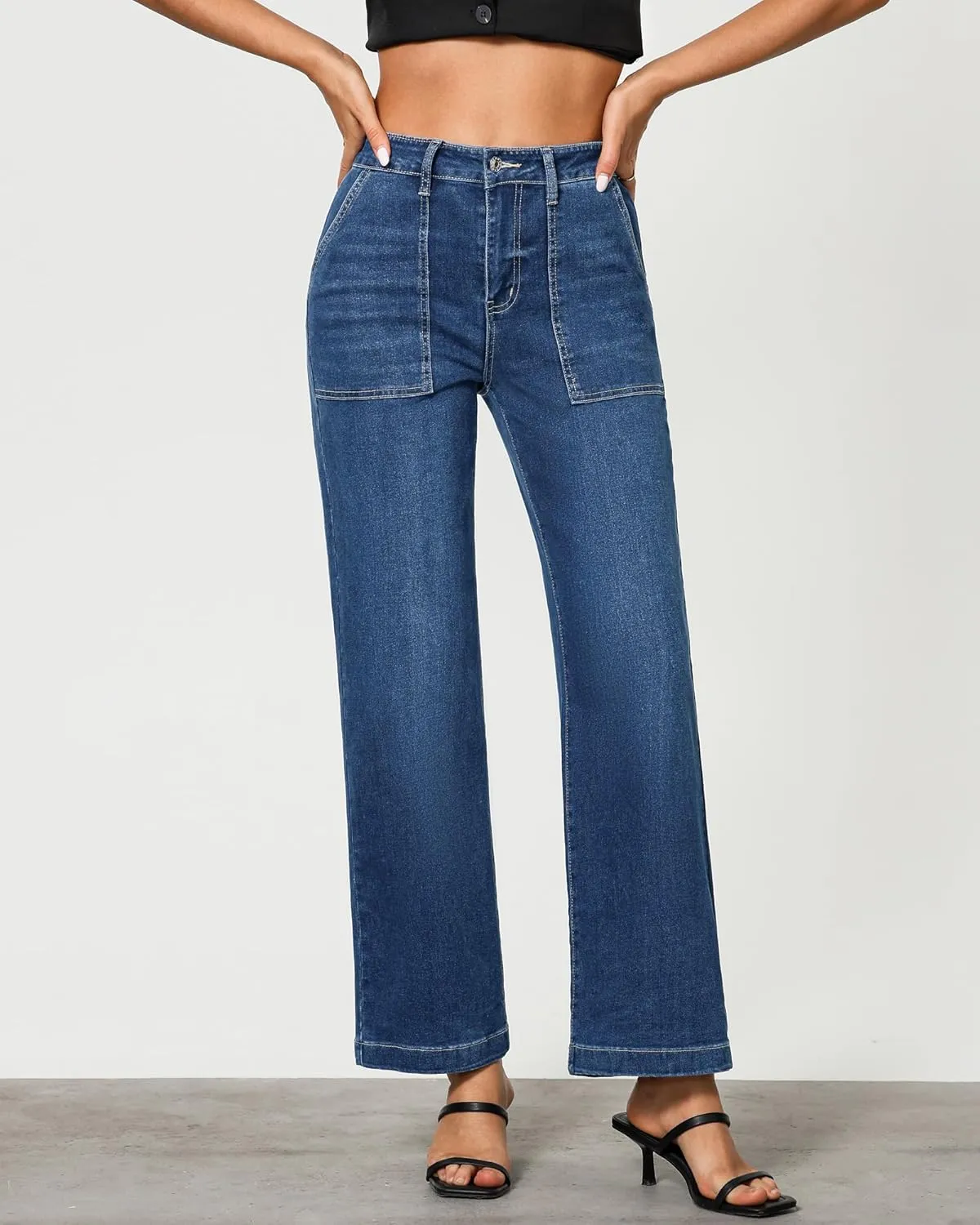 GRAPENT Jeans for Women High Waisted Straight Leg Jeans Stretchy Trendy Wide Leg Denim Pants Jean Trousers Patch Pockets