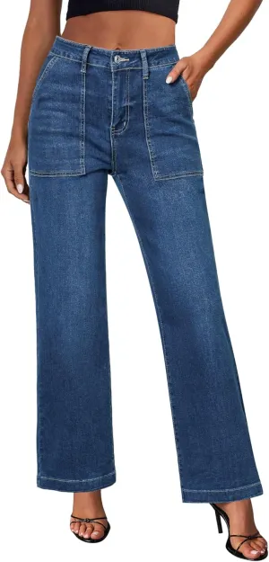 GRAPENT Jeans for Women High Waisted Straight Leg Jeans Stretchy Trendy Wide Leg Denim Pants Jean Trousers Patch Pockets
