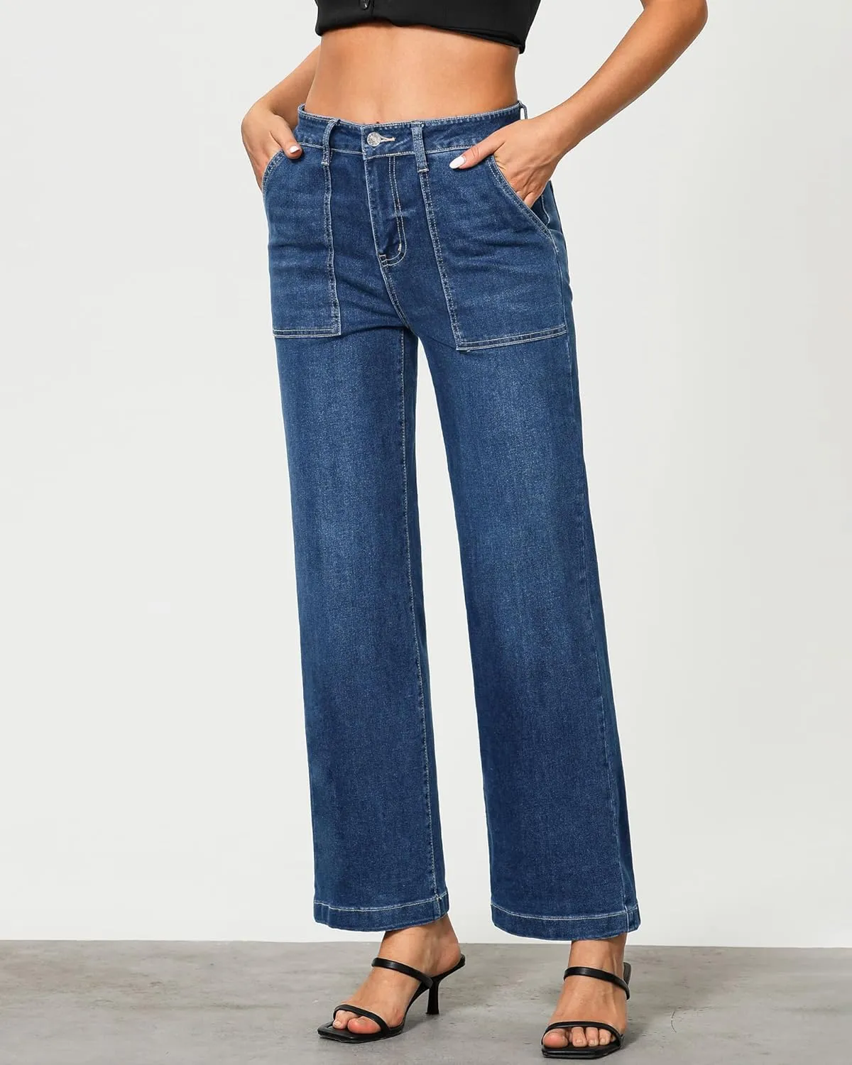GRAPENT Jeans for Women High Waisted Straight Leg Jeans Stretchy Trendy Wide Leg Denim Pants Jean Trousers Patch Pockets