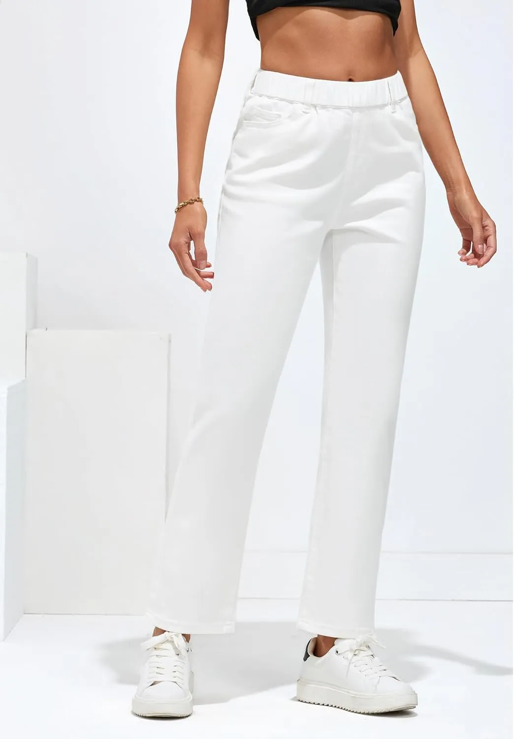 GRAPENT Straight Leg Jeans for Women Trendy Pull On High Waisted Cropped Elastic Waist Stretchy Denim Pants Ankle Jeans