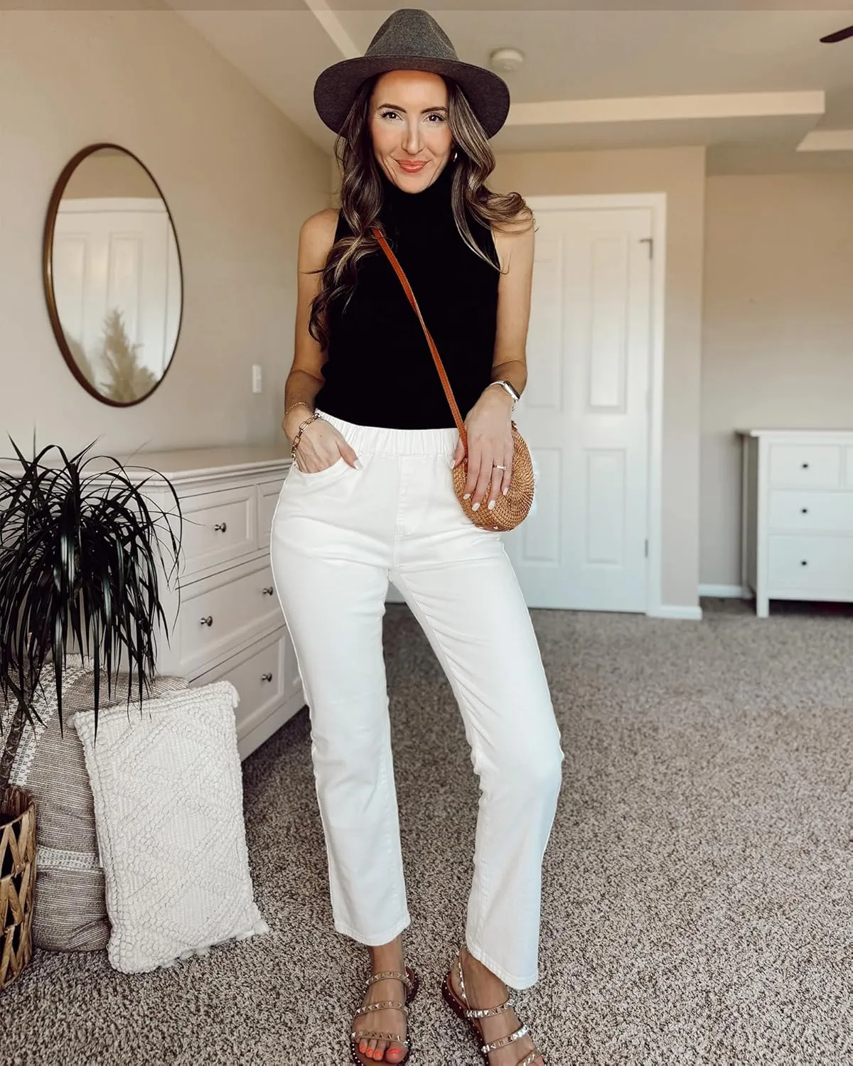 GRAPENT Straight Leg Jeans for Women Trendy Pull On High Waisted Cropped Elastic Waist Stretchy Denim Pants Ankle Jeans