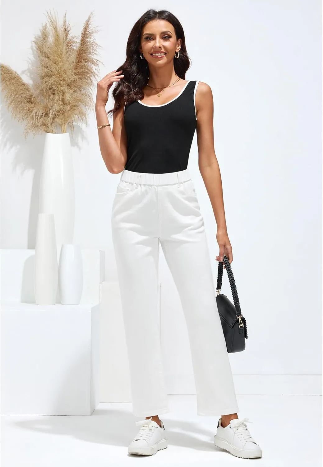 GRAPENT Straight Leg Jeans for Women Trendy Pull On High Waisted Cropped Elastic Waist Stretchy Denim Pants Ankle Jeans