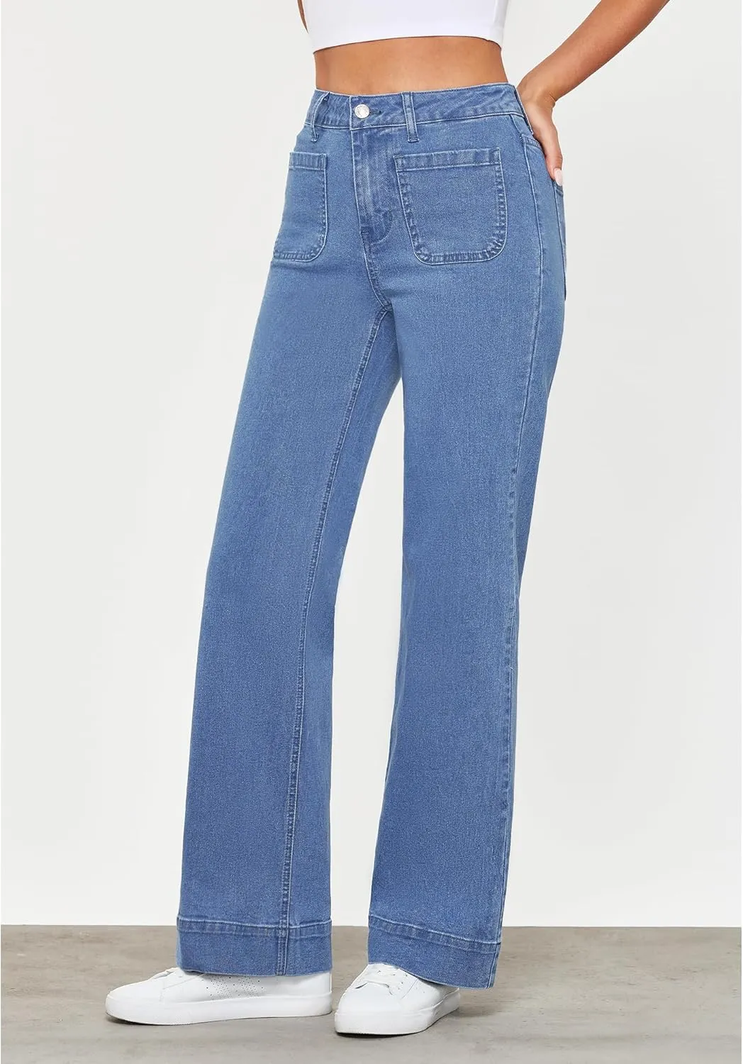 GRAPENT Wide Leg Jeans for Women High Waisted Flare Trendy Stretchy Denim Pants Duo Pockets Trouser Jeans
