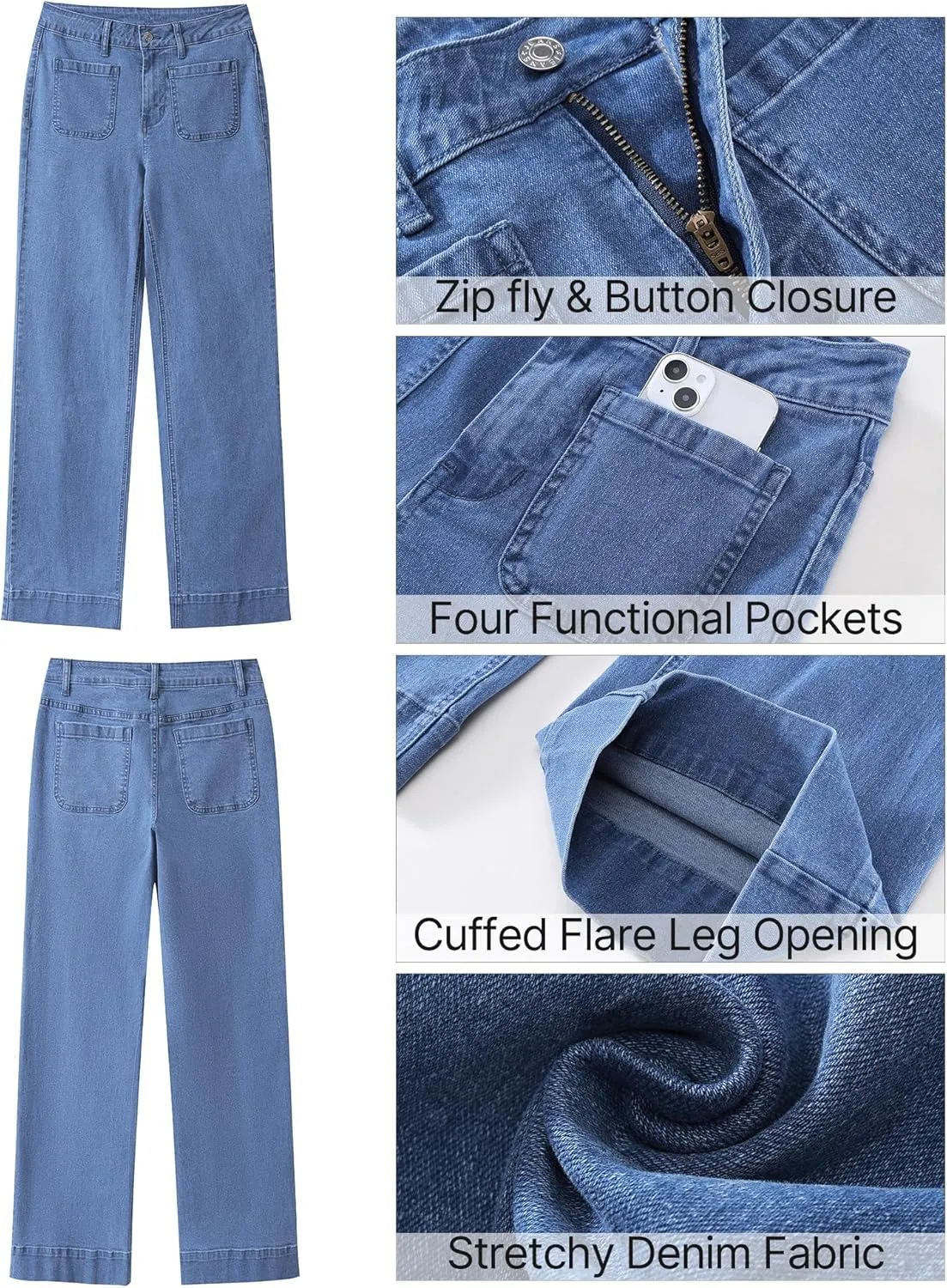 GRAPENT Wide Leg Jeans for Women High Waisted Flare Trendy Stretchy Denim Pants Duo Pockets Trouser Jeans