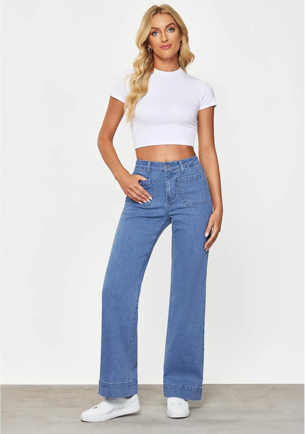 GRAPENT Wide Leg Jeans for Women High Waisted Flare Trendy Stretchy Denim Pants Duo Pockets Trouser Jeans