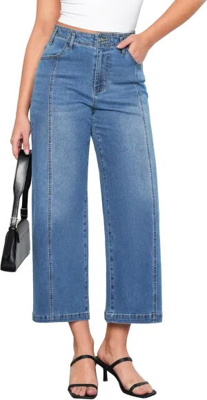 GRAPENT Wide Leg Jeans Woman Trendy Cropped High Waisted Front Seam Casual Stretchy Denim Trouser Jeans with Pockets