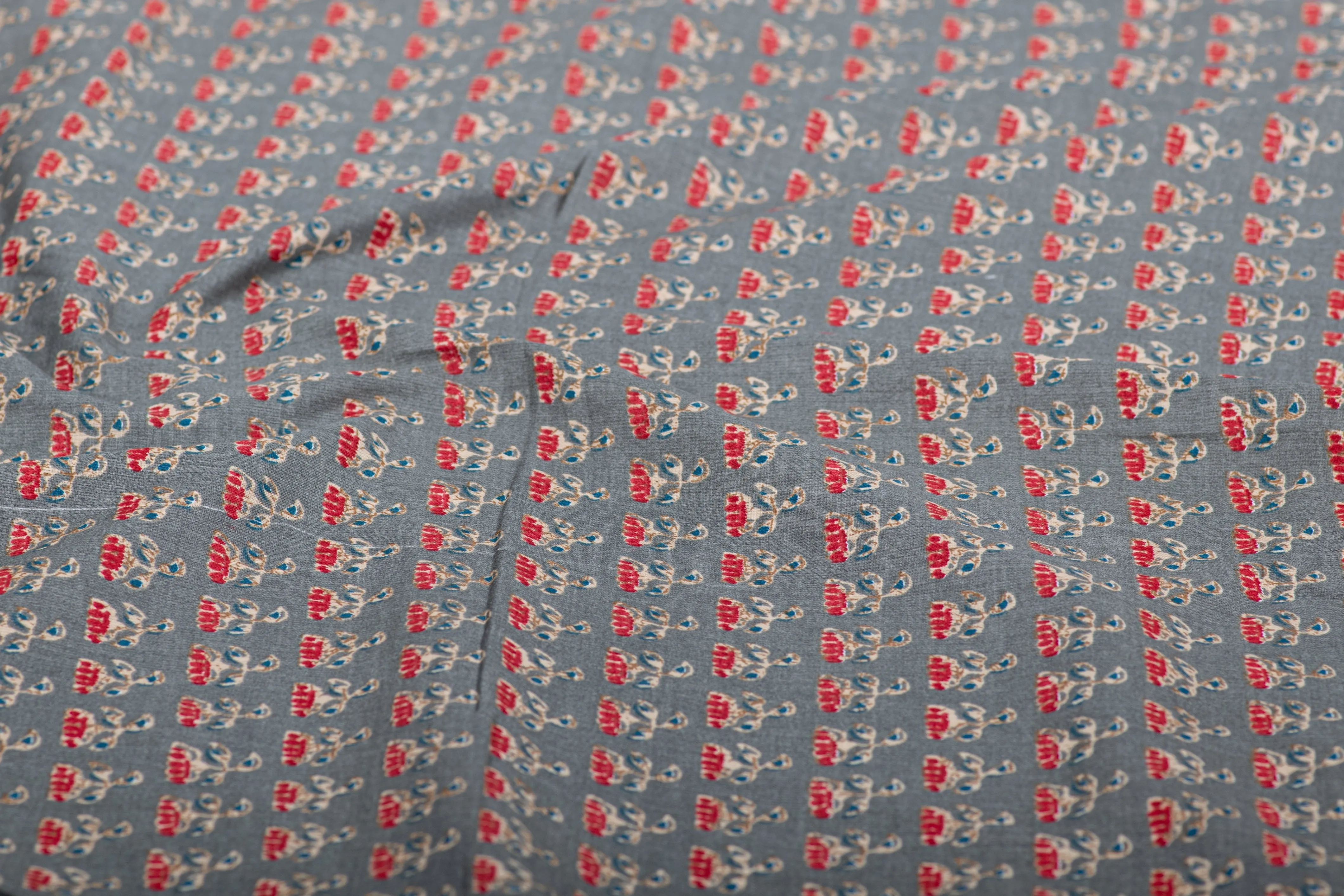 Gray Red Flowers Print Cotton Fabric