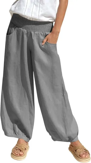 Harem Pants for Women High Waisted Wide Leg Linen Pant Elastic Smock Waist Flowy Palazzo Capris Bohemian Beach Pants
