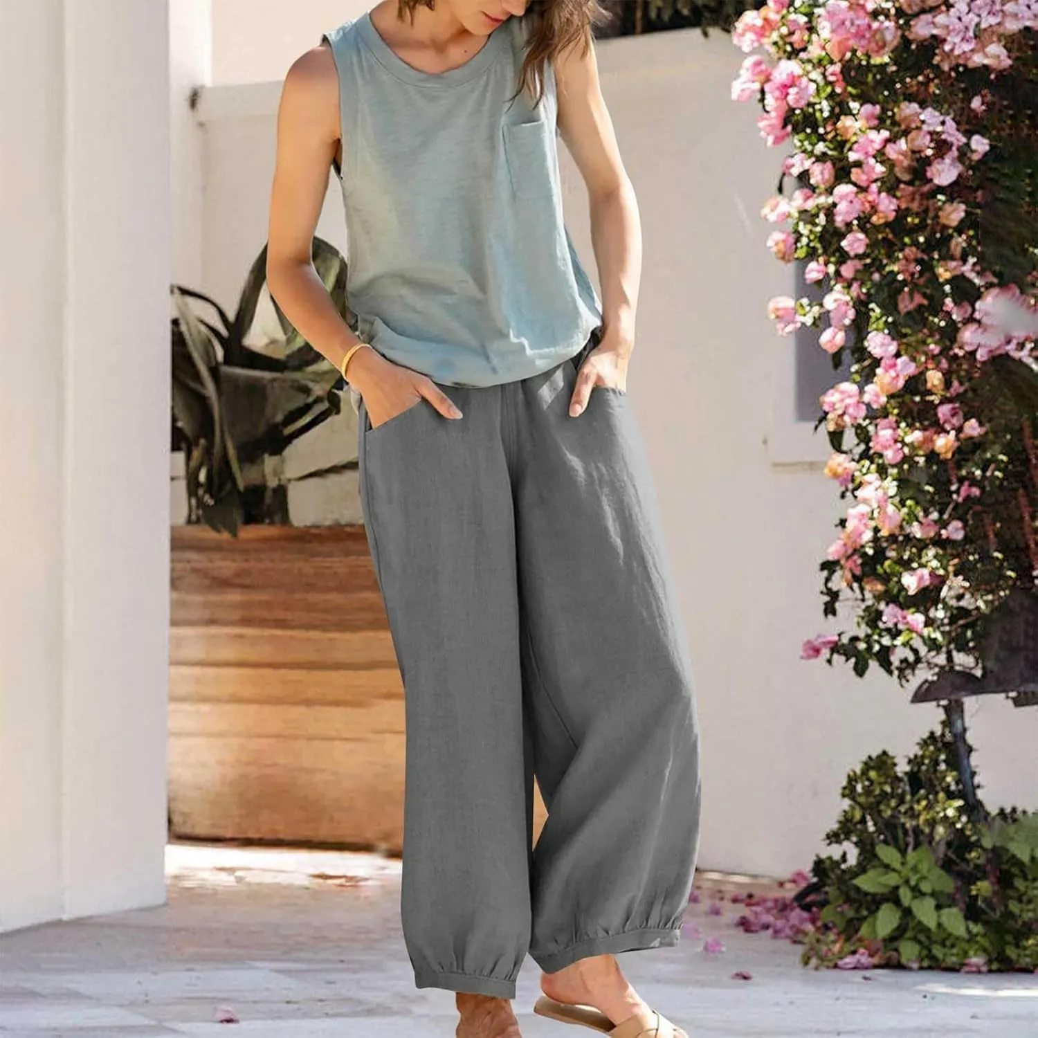 Harem Pants for Women High Waisted Wide Leg Linen Pant Elastic Smock Waist Flowy Palazzo Capris Bohemian Beach Pants