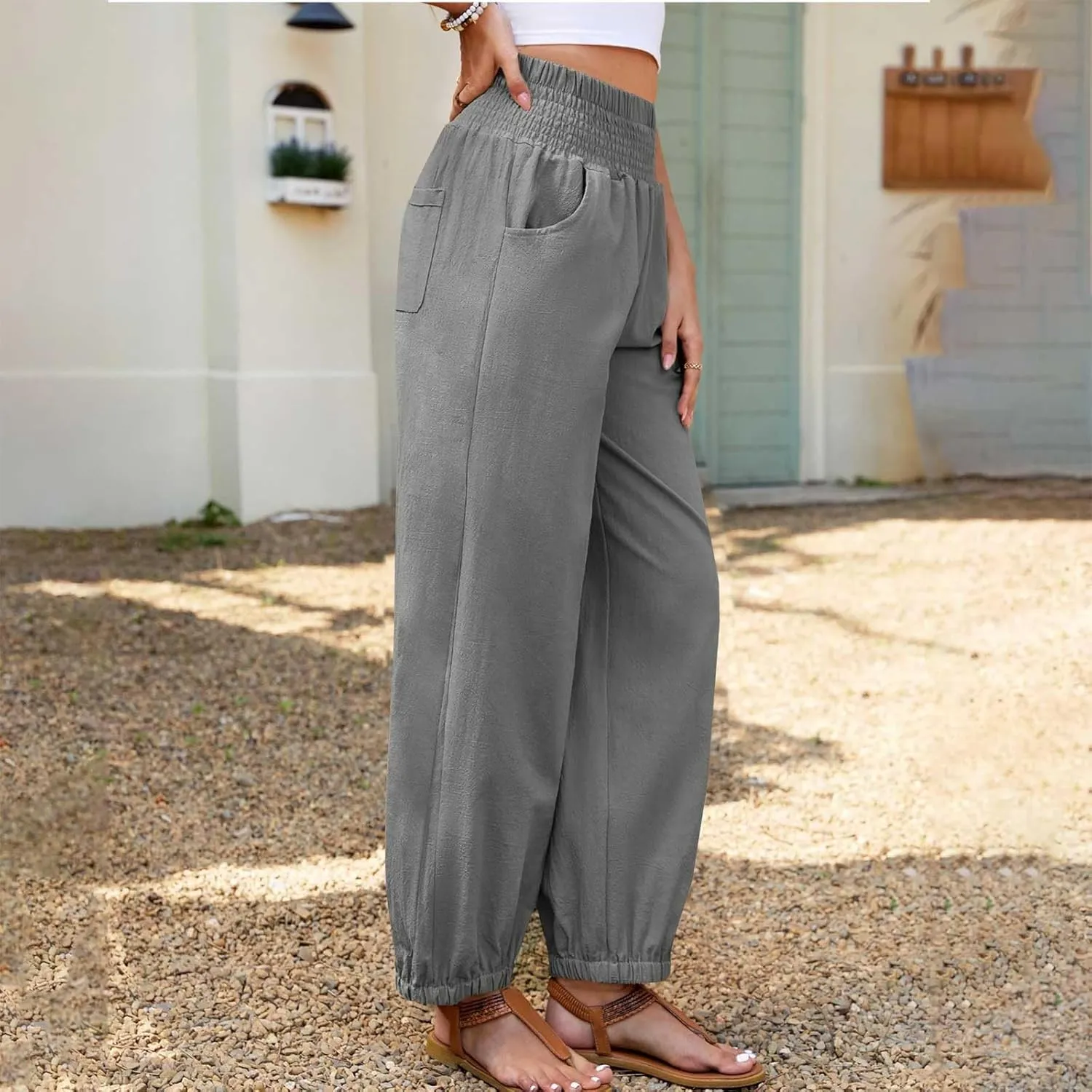 Harem Pants for Women High Waisted Wide Leg Linen Pant Elastic Smock Waist Flowy Palazzo Capris Bohemian Beach Pants