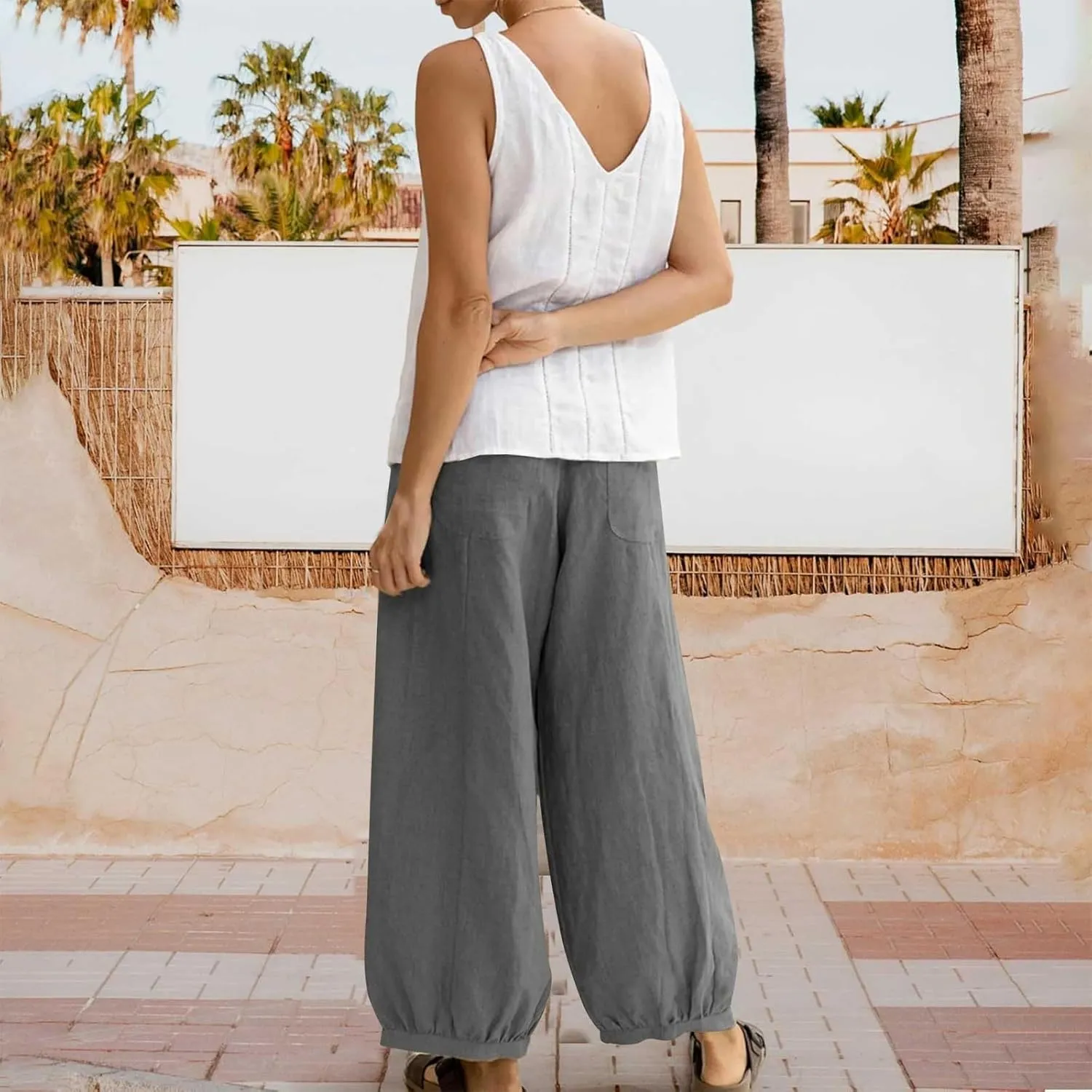 Harem Pants for Women High Waisted Wide Leg Linen Pant Elastic Smock Waist Flowy Palazzo Capris Bohemian Beach Pants