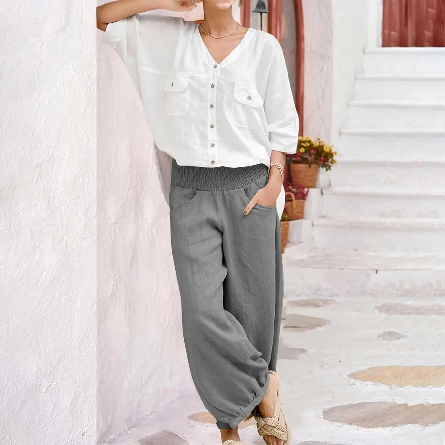 Harem Pants for Women High Waisted Wide Leg Linen Pant Elastic Smock Waist Flowy Palazzo Capris Bohemian Beach Pants