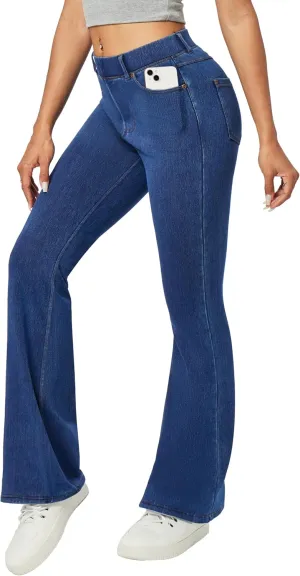 Heathyoga Flare Jeans for Women Trendy Stretchy Bell Bottom Jeans for Women Pull on Jeggings Tummy Control with Pockets