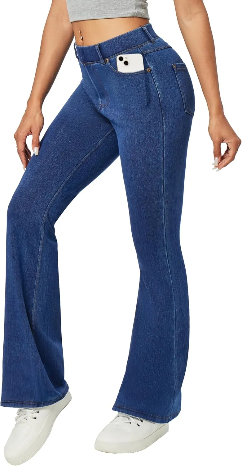 Heathyoga Flare Jeans for Women Trendy Stretchy Bell Bottom Jeans for Women Pull on Jeggings Tummy Control with Pockets