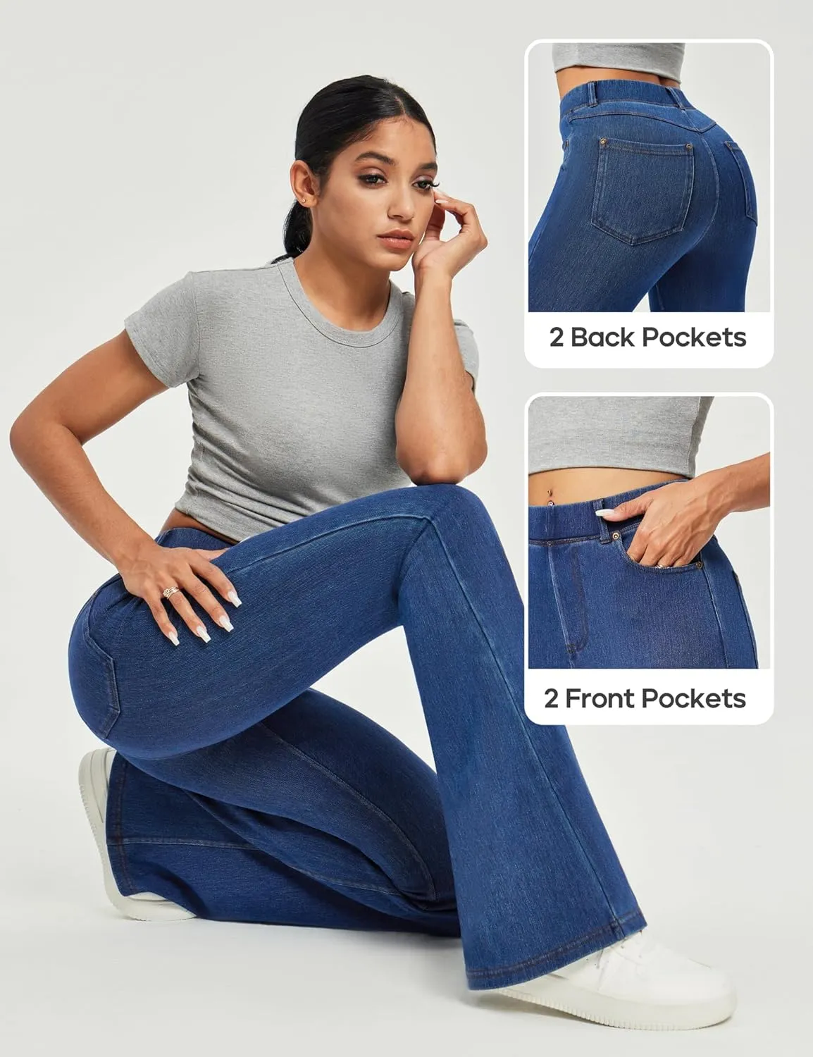 Heathyoga Flare Jeans for Women Trendy Stretchy Bell Bottom Jeans for Women Pull on Jeggings Tummy Control with Pockets